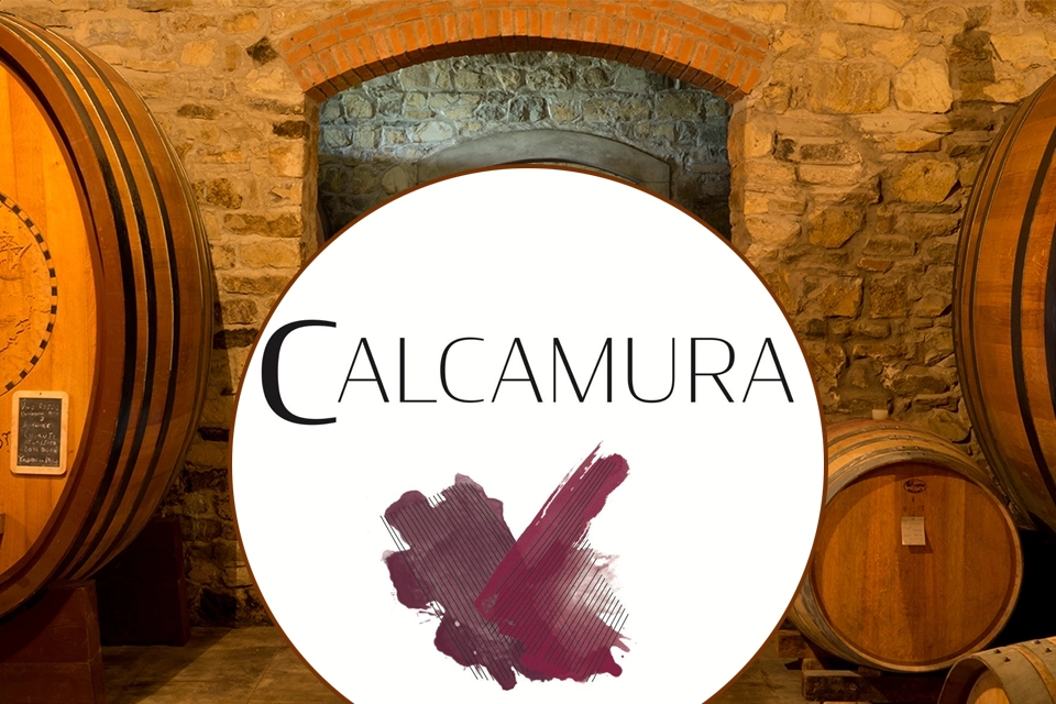 Logo de Calcamura sur fond de cave à vin