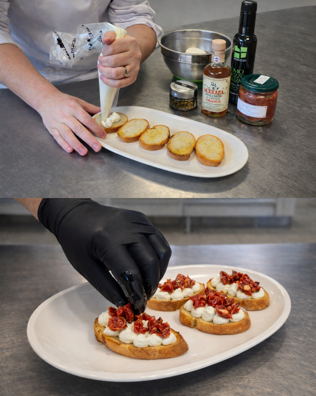 Préparation des mini bruschette aux tomates semi-sèches