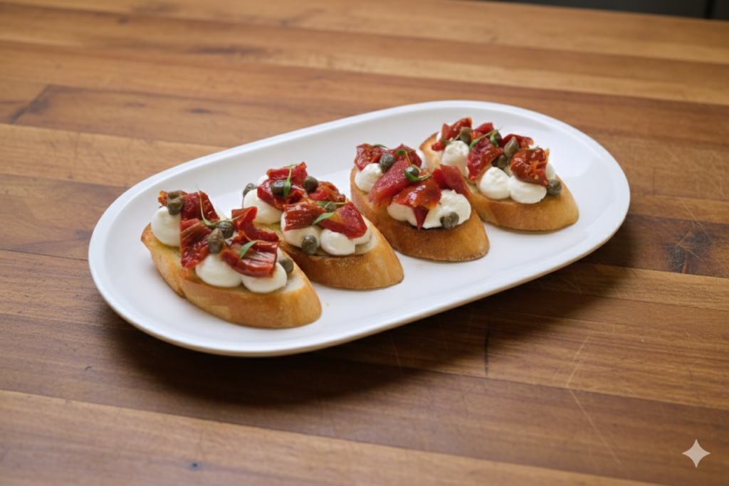 Mini bruschette ricotta tomates semi sèches balsamique orange