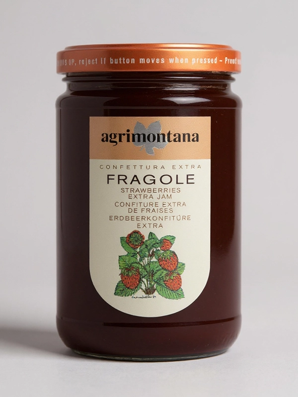 Confiture de fraises Agrimontana 350 gr en bocal, à base de fruits mûrs.