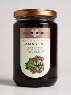 Confiture de griottes Agrimontana 350 gr en bocal, texture onctueuse et riche en fruits.
