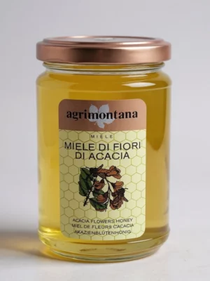 Miel d’acacia Agrimontana 400 gr en bocal, miel doux et limpide.
