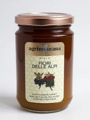 Miel fleur des Alpes Agrimontana 400 gr en bocal, miel d’altitude doux et floral.