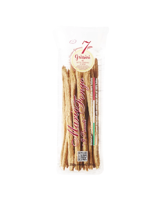 Grissini Stirati 7 céréales Mario Fongo 200 gr en paquet, pains secs multigrains.