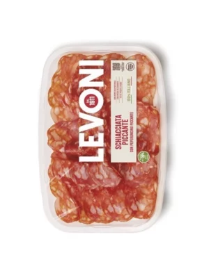 Salami Schiacciata picante Levoni 80 gr en barquette, saucisson épicé aplati.