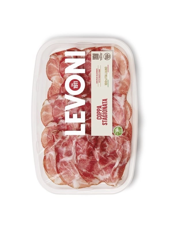 Coppa affinée Levoni 100 gr en barquette, charcuterie italienne prête à consommer.