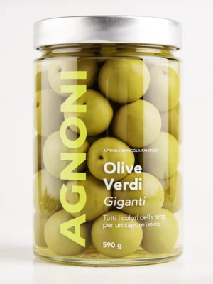 Olives vertes géantes Agnoni 580 gr en bocal, sélection italienne savoureuse.