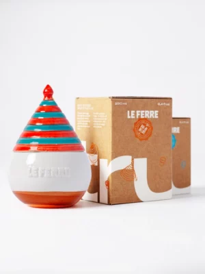 Huile EV Truttulà Rouge-Bleu Le Ferre 250 ml en bouteille céramique artisanale.