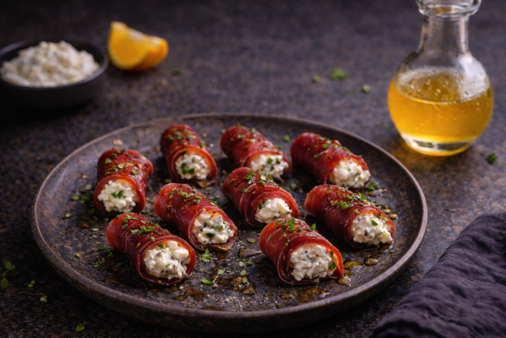 Bouchées bresaola stracciatella fumée balsamique orange