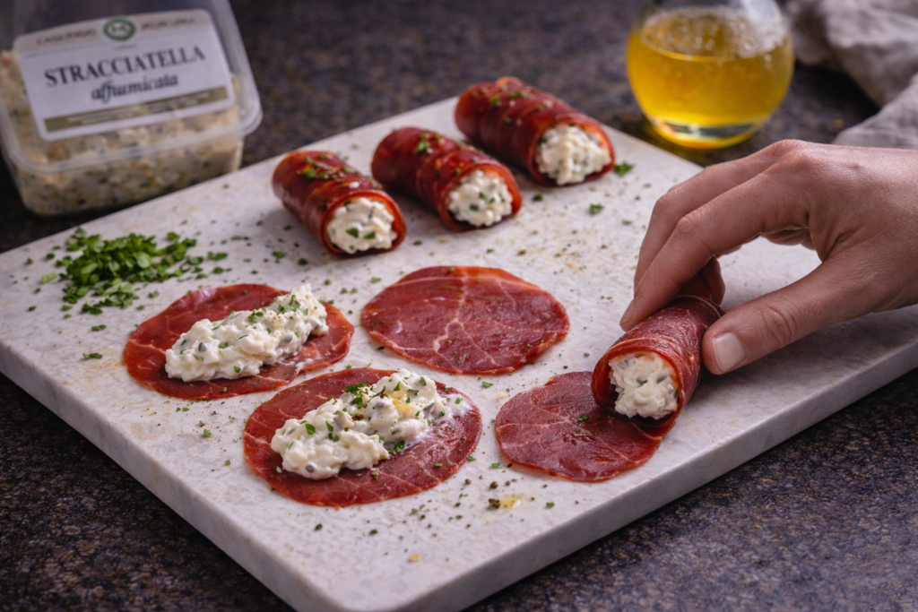 Préparation bouchées bresaola stracciatella fumée roulage