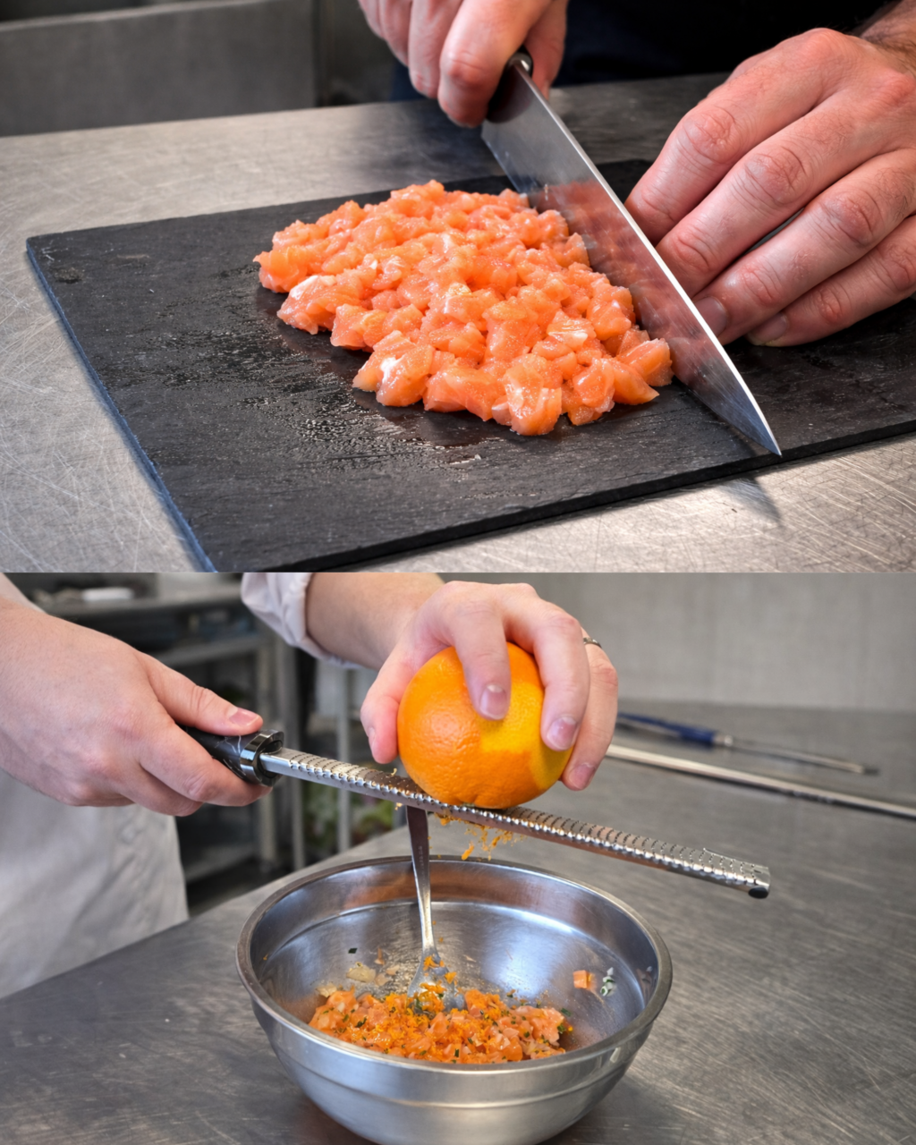 Saumon découpé et préparation de sauce pour assaisonner le tartare de saumon