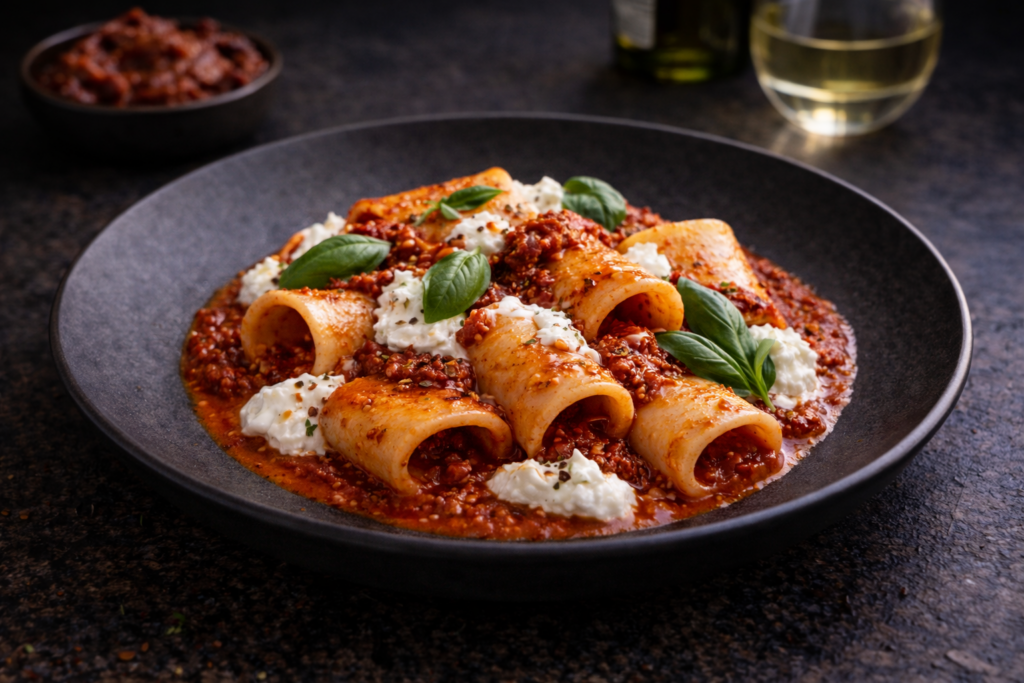 Paccheri frais nduja stracciatella sauce tomate